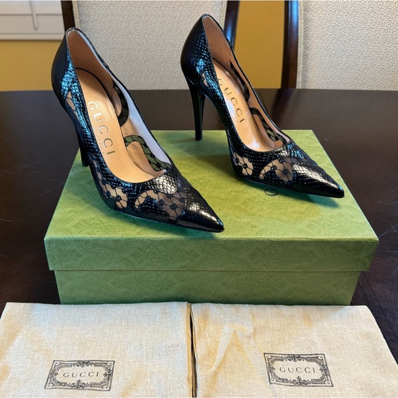 New Gucci Calf Leather Python Print GG Logo High Heels Shoes Size 37 / US 7 - Picture 1 of 16
